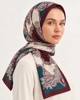 Petrol Bordo Krem Paisley %100 İpek Twill Eşarp — 4