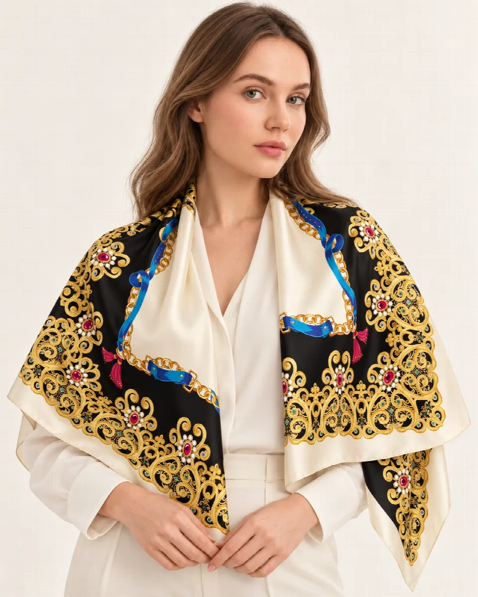Lacivert Mavi Zincir Ornament %100 İpek Twill Eşarp