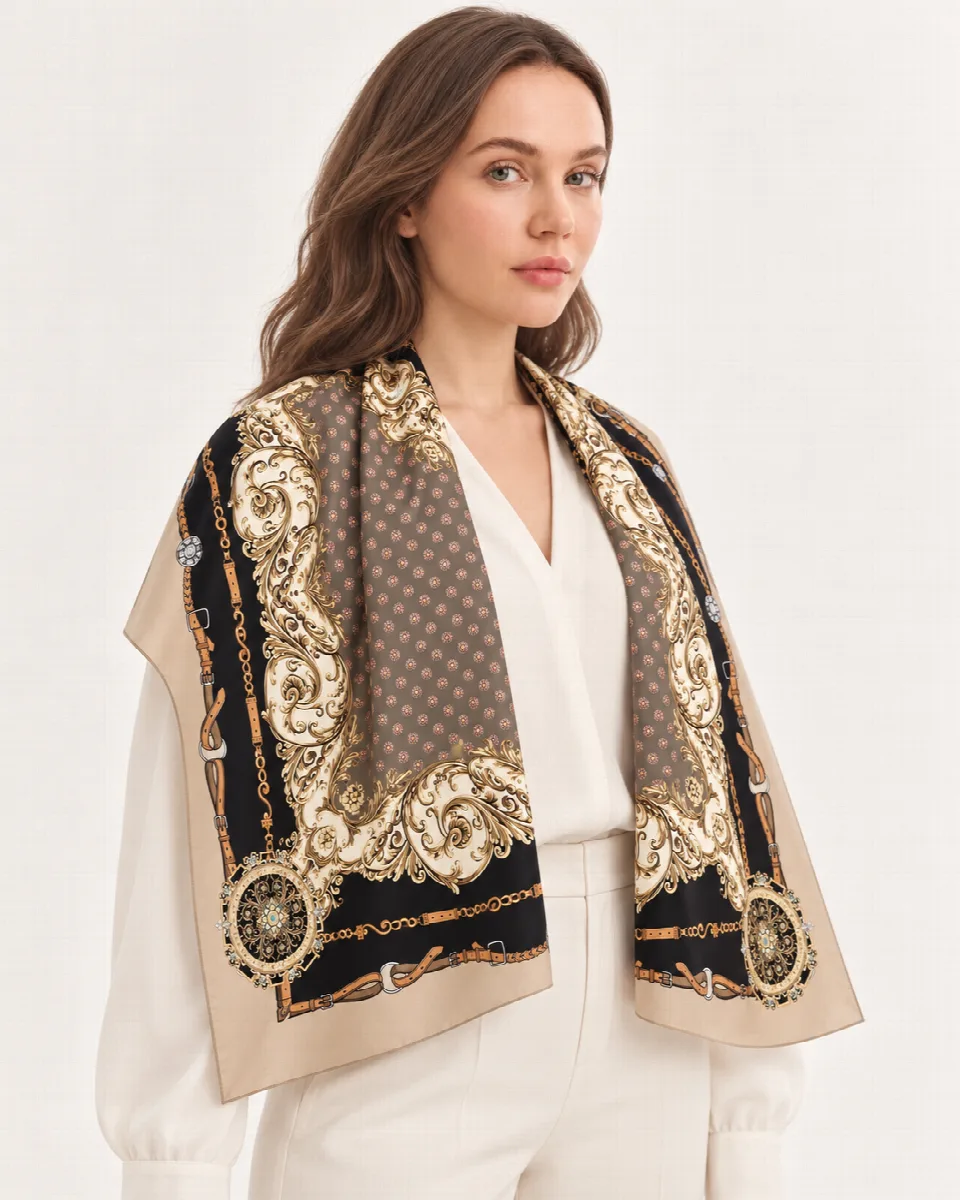 Bej Siyah Zincir Ornament %100 İpek Twill Eşarp