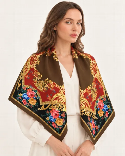 Kahve Kırmızı Altın Çiçekli Barok %100 İpek Twill Eşarp