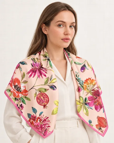 Pembe Çiçek Bahçesi %100 İpek Twill Eşarp