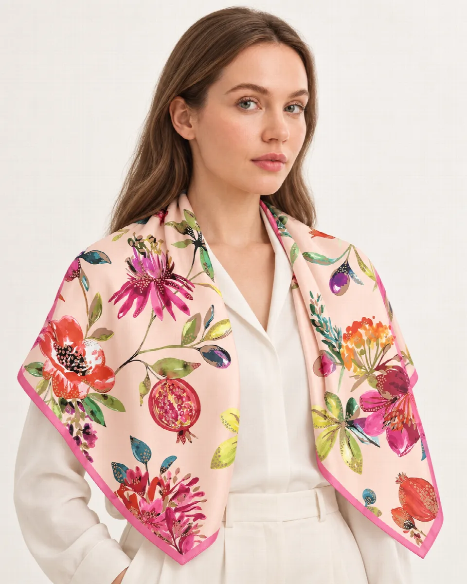 Pembe Çiçek Bahçesi %100 İpek Twill Eşarp