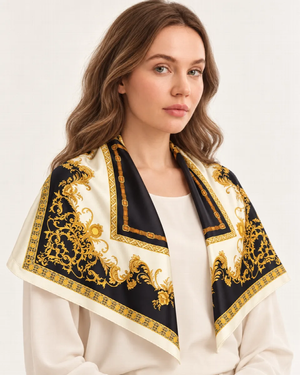 Siyah Altın Barok %100 İpek Twill Eşarp