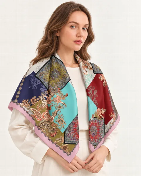 Çok Renkli Patchwork Paisley %100 İpek Twill Eşarp