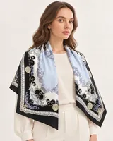 Pudra Mavisi Siyah Barok %100 İpek Twill Eşarp — 1
