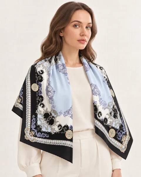 Pudra Mavisi Siyah Barok %100 İpek Twill Eşarp