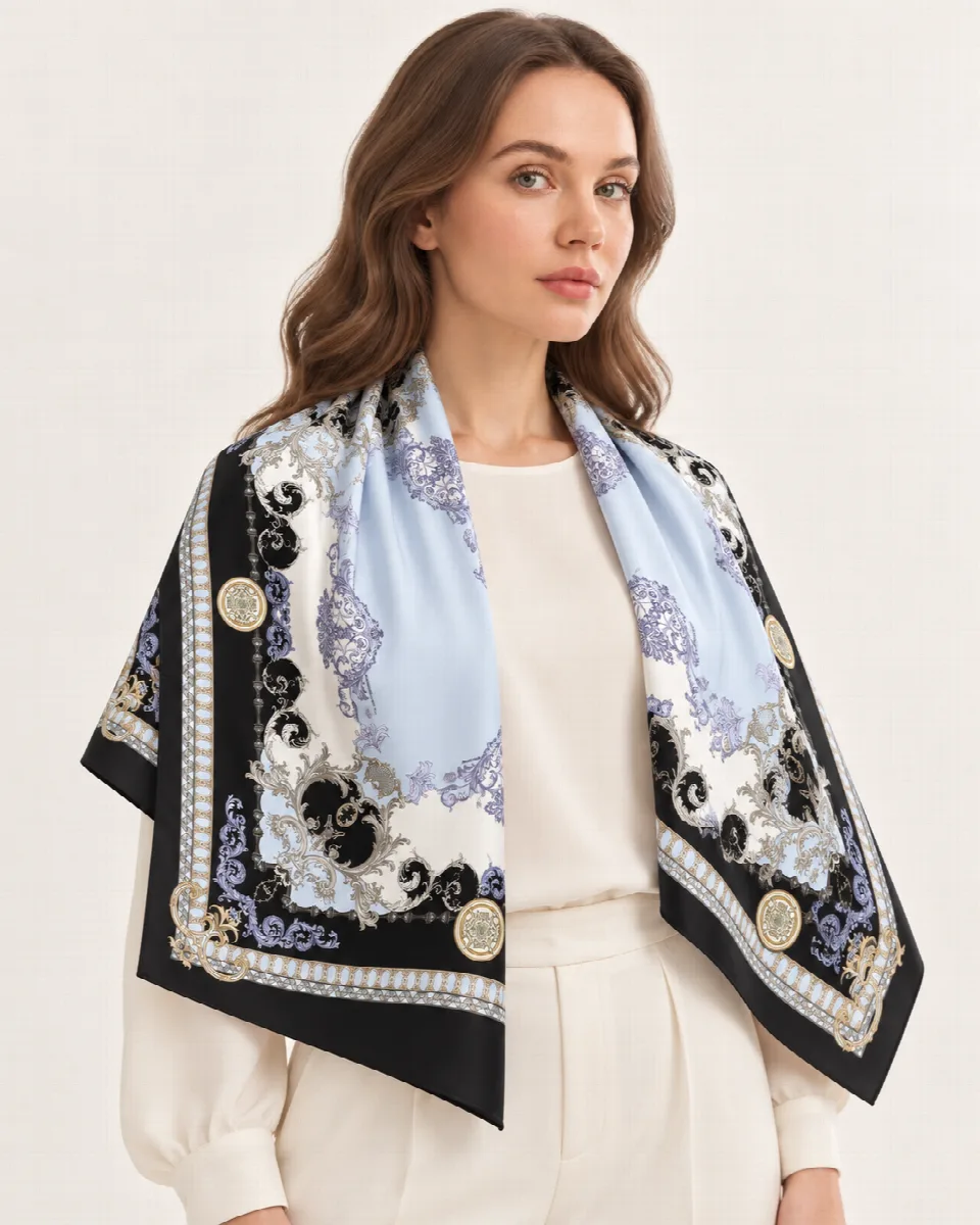Pudra Mavisi Siyah Barok %100 İpek Twill Eşarp