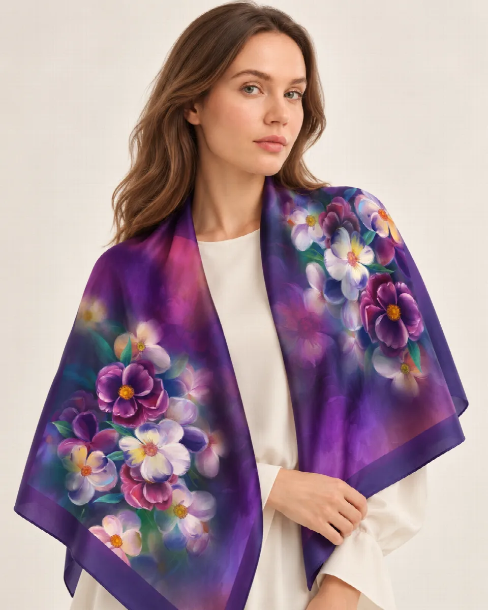 Mor Çiçek Bahçesi %100 İpek Twill Eşarp