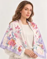 Lavanta Bordürlü Suluboya Çiçekli %100 İpek Twill Eşarp — 1
