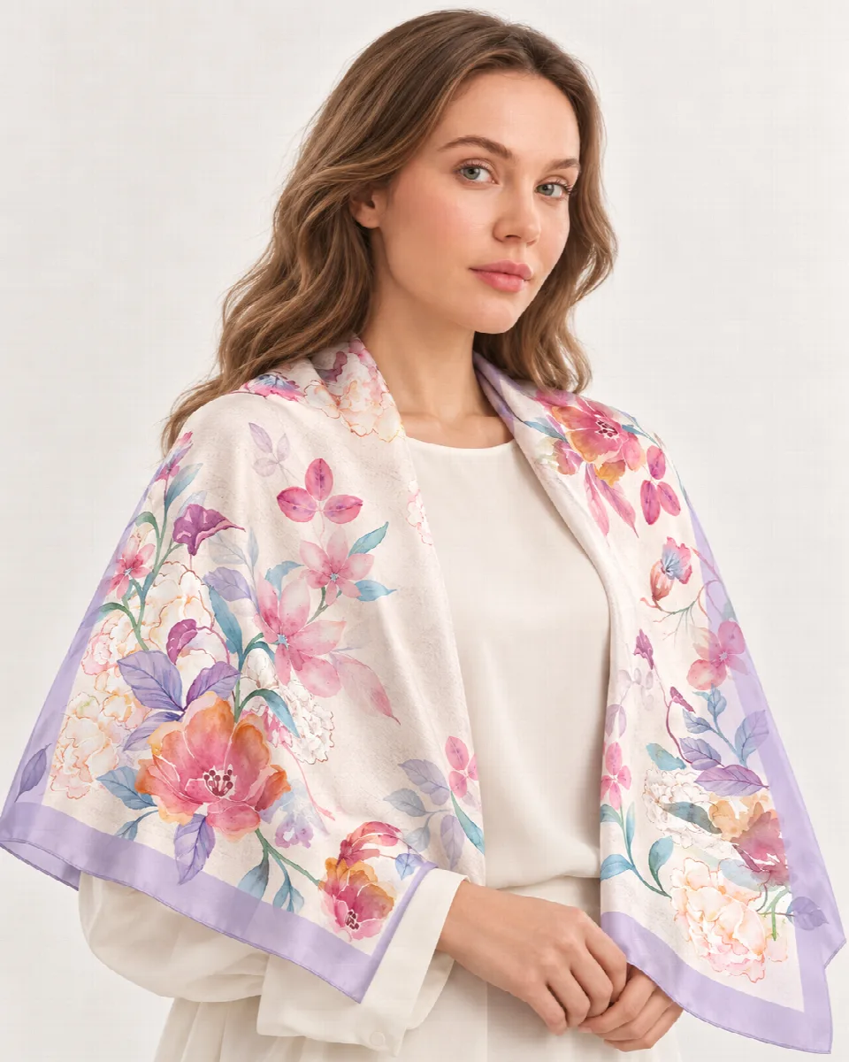 Lavanta Bordürlü Suluboya Çiçekli %100 İpek Twill Eşarp
