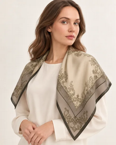 Krem Vizon Barok Bordür %100 İpek Twill Eşarp