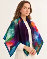 Mor Petrol Çok Renkli Soyut %100 İpek Twill Eşarp — 1