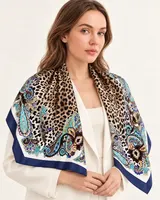 Lacivert Leopar Paisley %100 İpek Twill Eşarp — 1