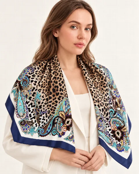 Lacivert Leopar Paisley %100 İpek Twill Eşarp