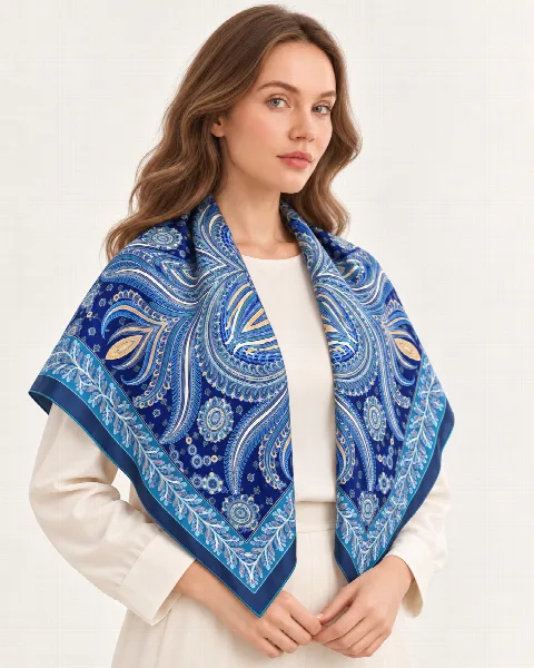 Safir Mavi Geometrik Ornament %100 İpek Twill Eşarp