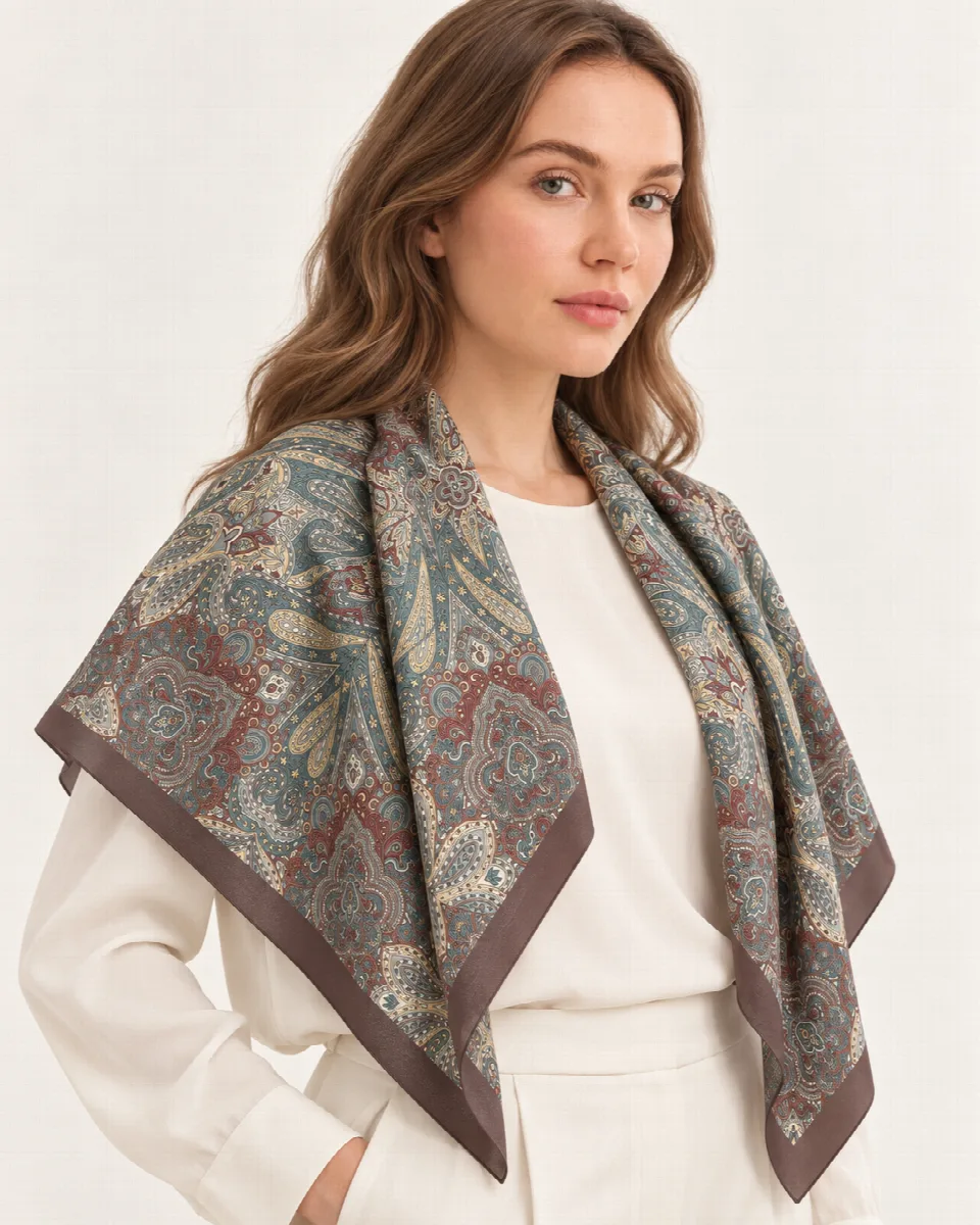 Vizon Petrol Paisley %100 İpek Twill Eşarp