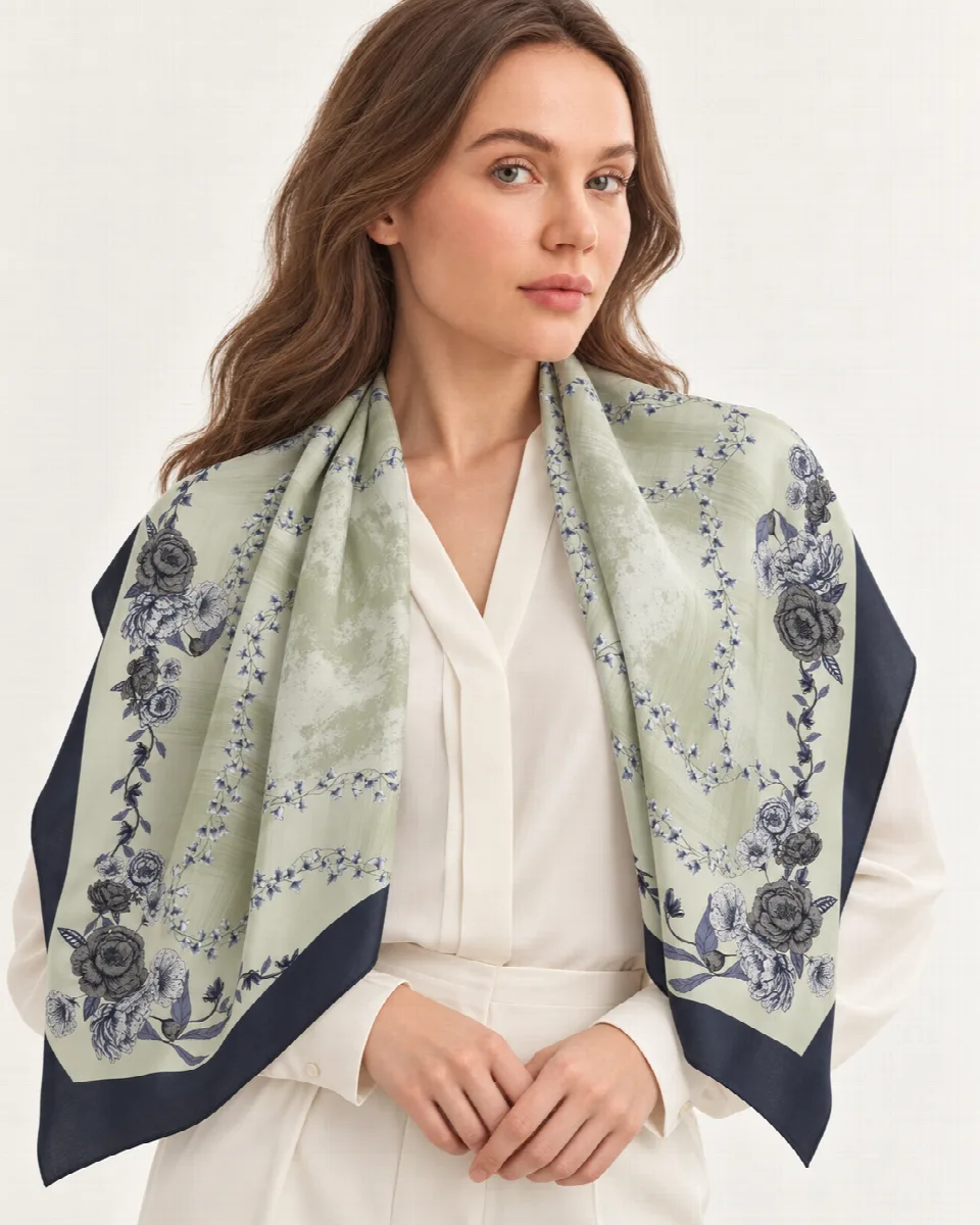 Adaçayı Mavi Gül Bahçesi %100 İpek Twill Eşarp