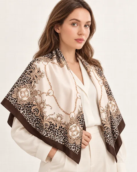Kahve Leopar Zincir Ornament %100 İpek Twill Eşarp