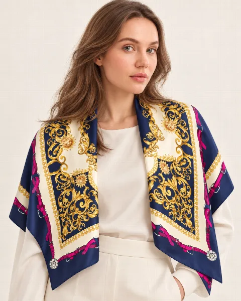 Lacivert Fuşya Zincir Barok %100 İpek Twill Eşarp