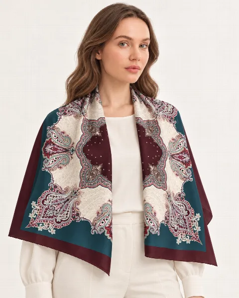 Petrol Bordo Krem Paisley %100 İpek Twill Eşarp