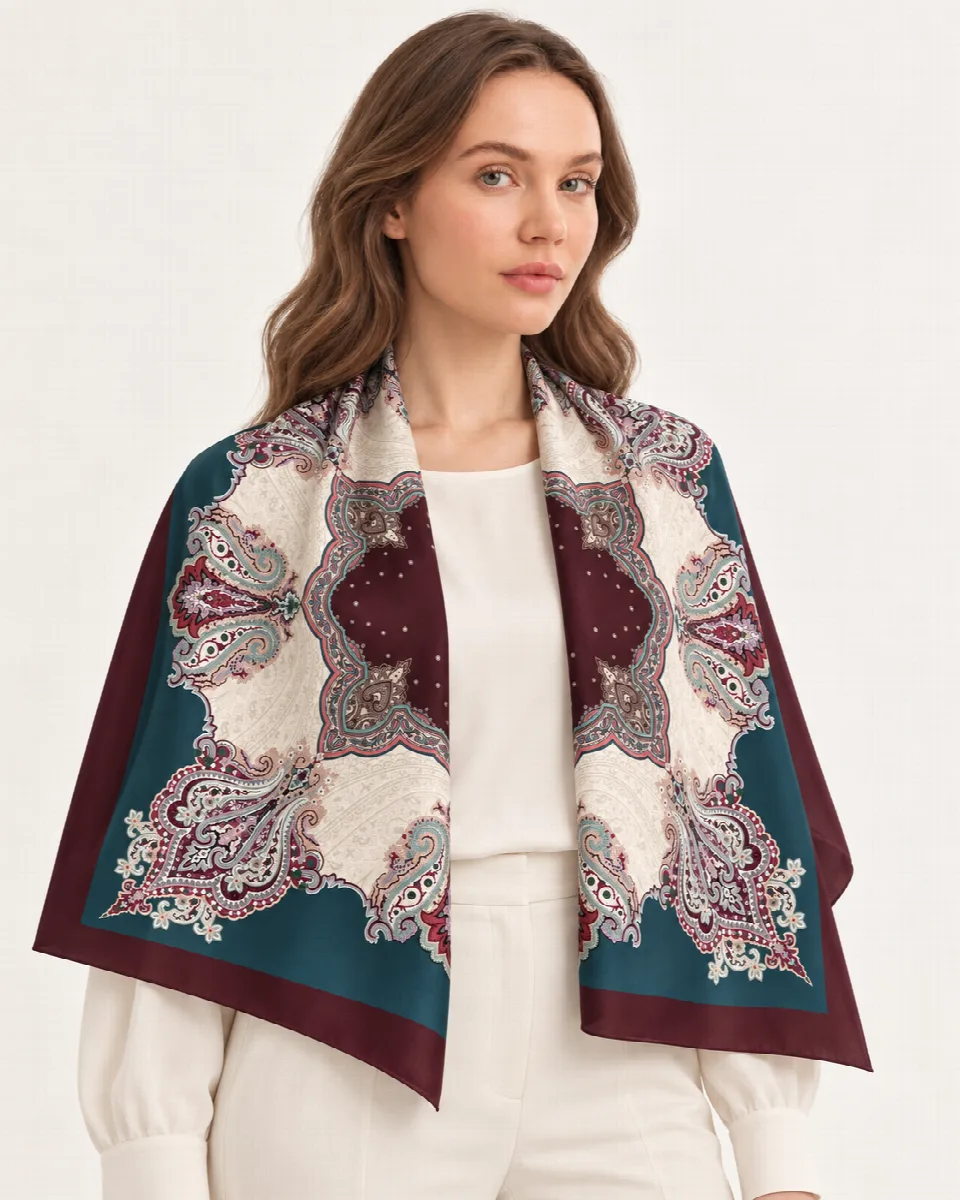 Petrol Bordo Krem Paisley %100 İpek Twill Eşarp