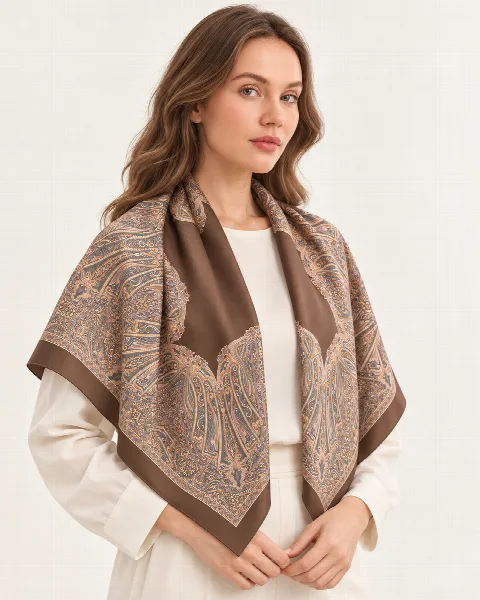 Kahverengi Klasik Paisley %100 İpek Twill Eşarp