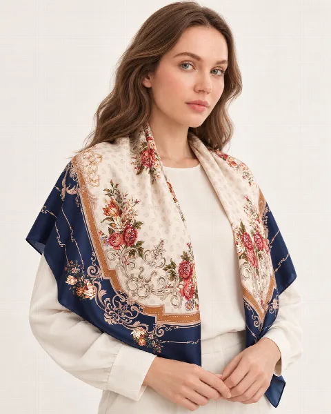 Lacivert Bordürlü Krem Çiçekli %100 İpek Twill Eşarp