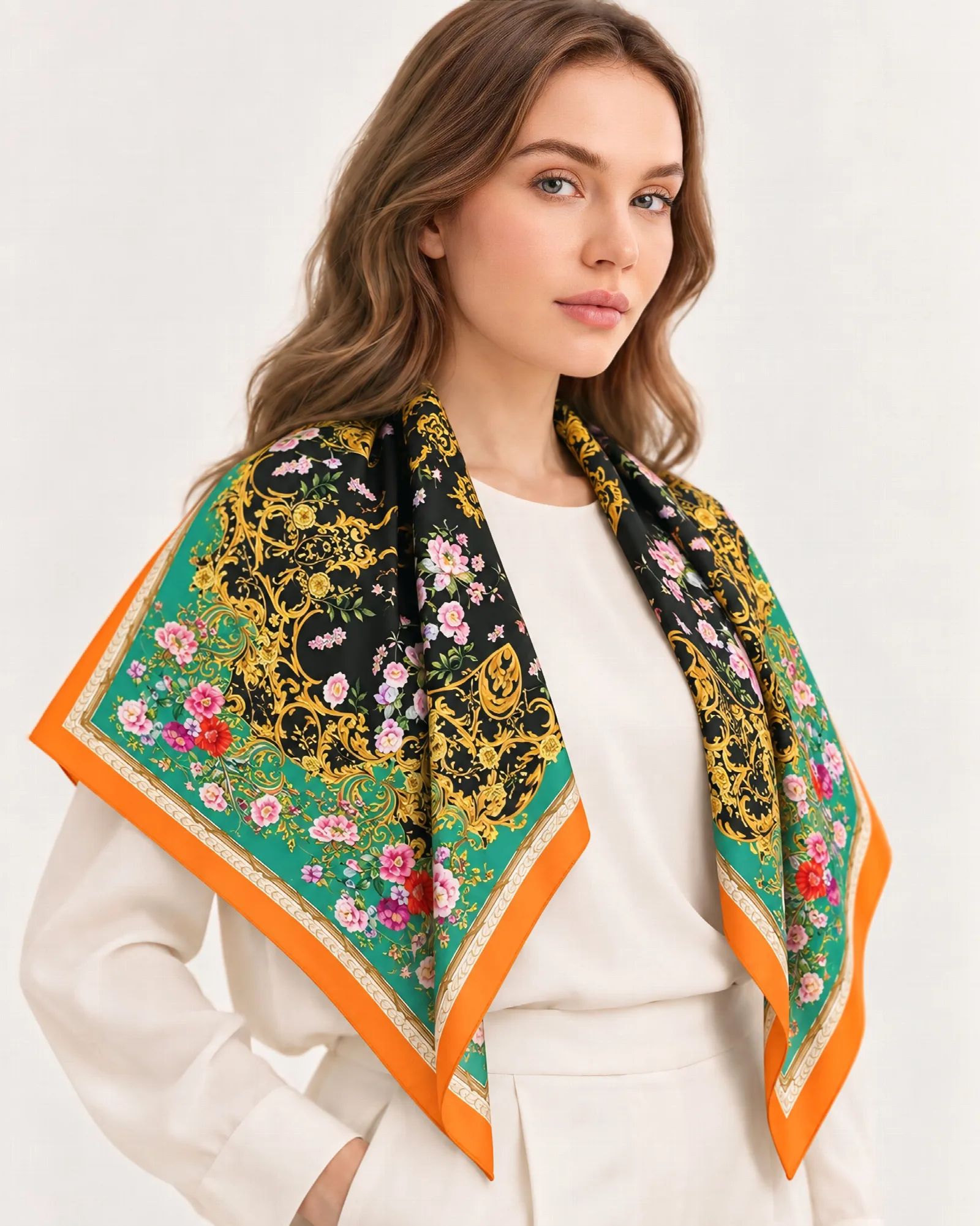 Siyah Turuncu Çiçekli Paisley %100 İpek Twill Eşarp