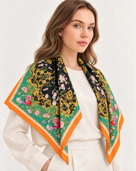 Siyah Turuncu Çiçekli Paisley %100 İpek Twill Eşarp