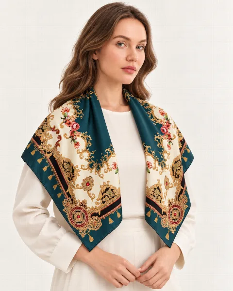 Petrol Krem Altın Barok %100 İpek Twill Eşarp