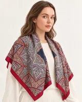 Lacivert Kırmızı Oryantal Ornament %100 İpek Twill Eşarp — 1