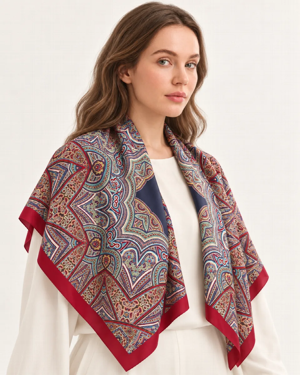 Lacivert Kırmızı Oryantal Ornament %100 İpek Twill Eşarp